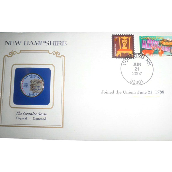 NEW HAMPSHIRE COLORIZED QUARTER & FIRST DAY COVER - POSTAL COMMEMORATIVE SOCIETY - Picture 1 of 4